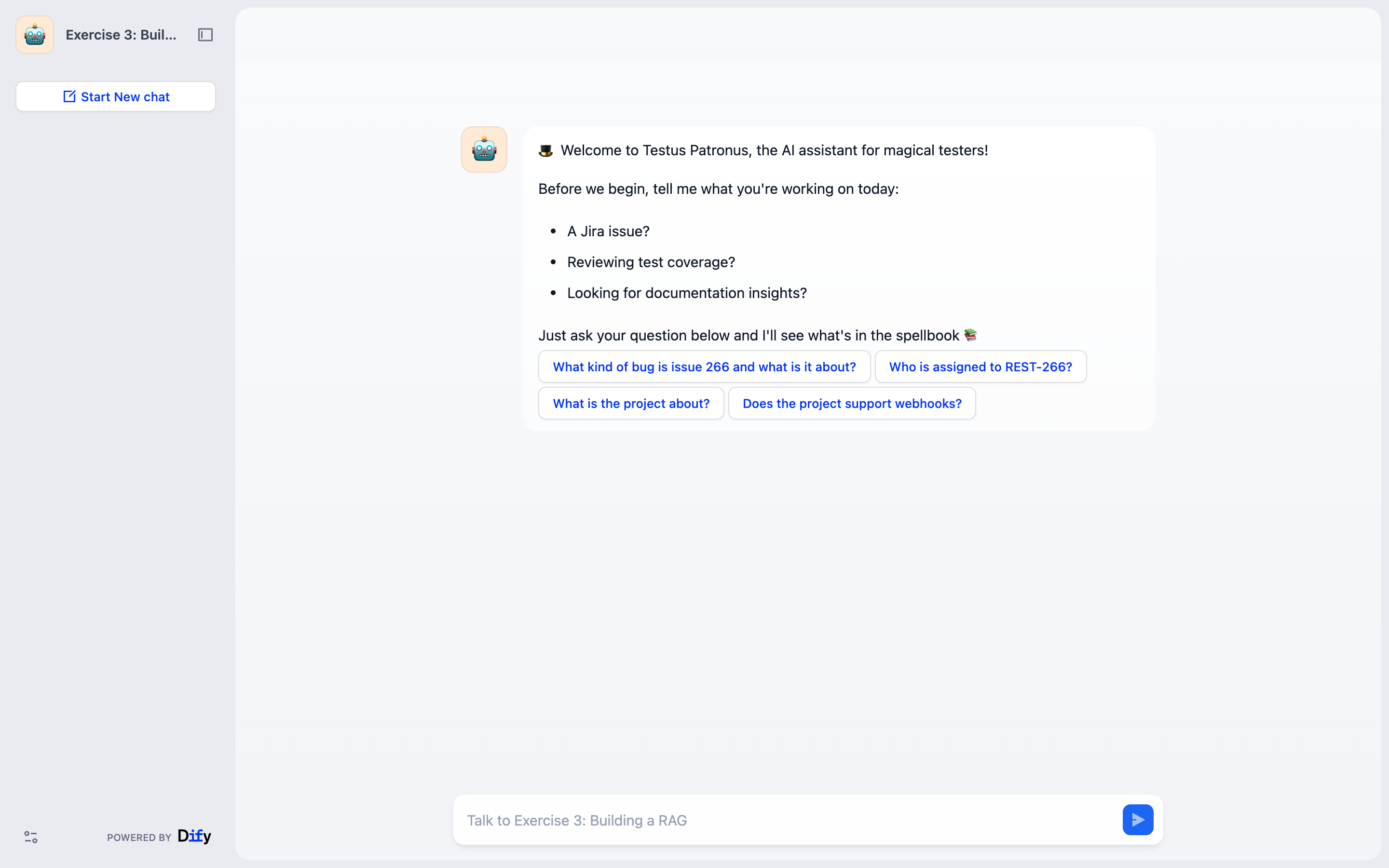 Published web app showing the Testus Patronus welcome message and opening questions