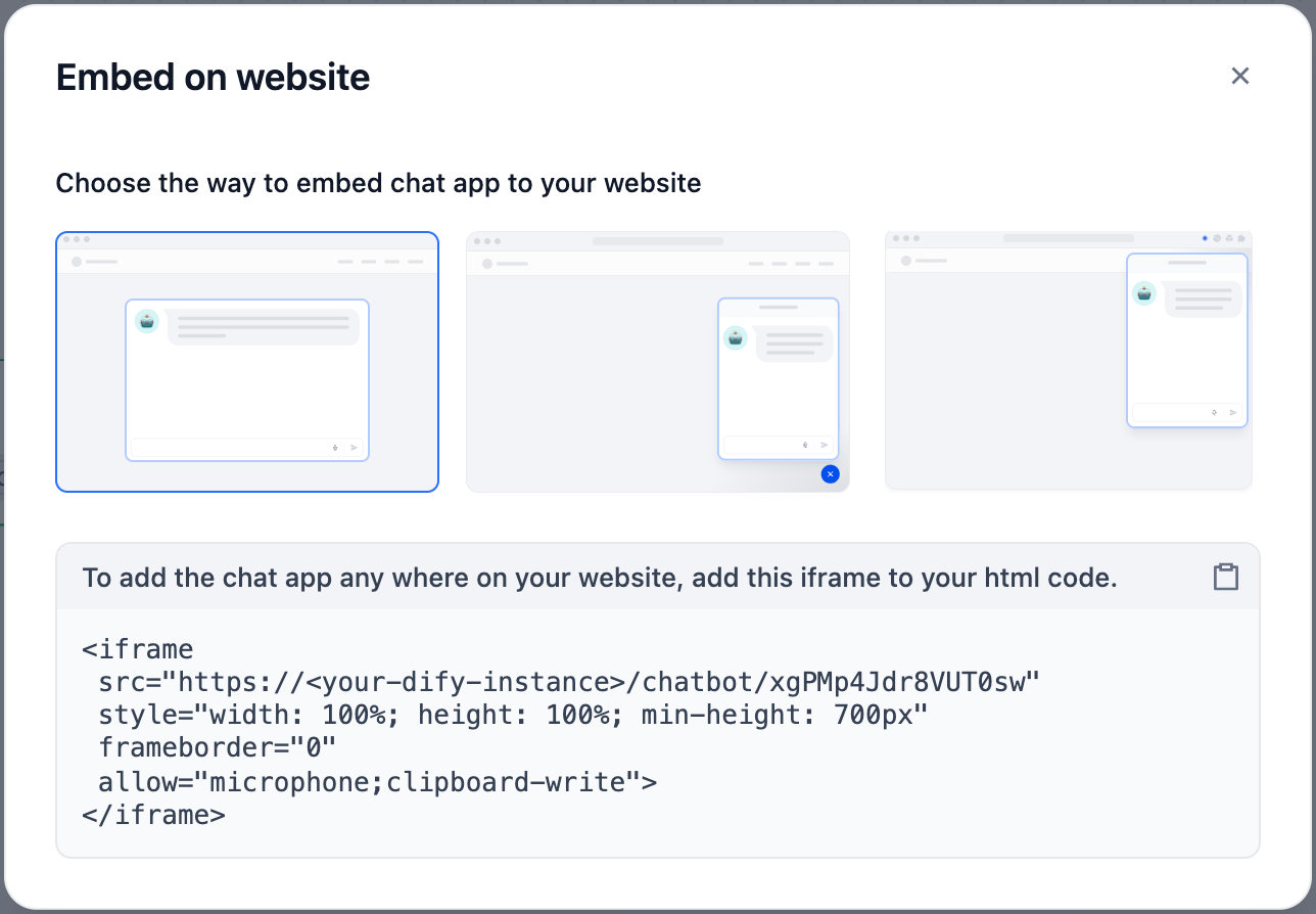 Embed on website dialog with three layout options and an iframe snippet
