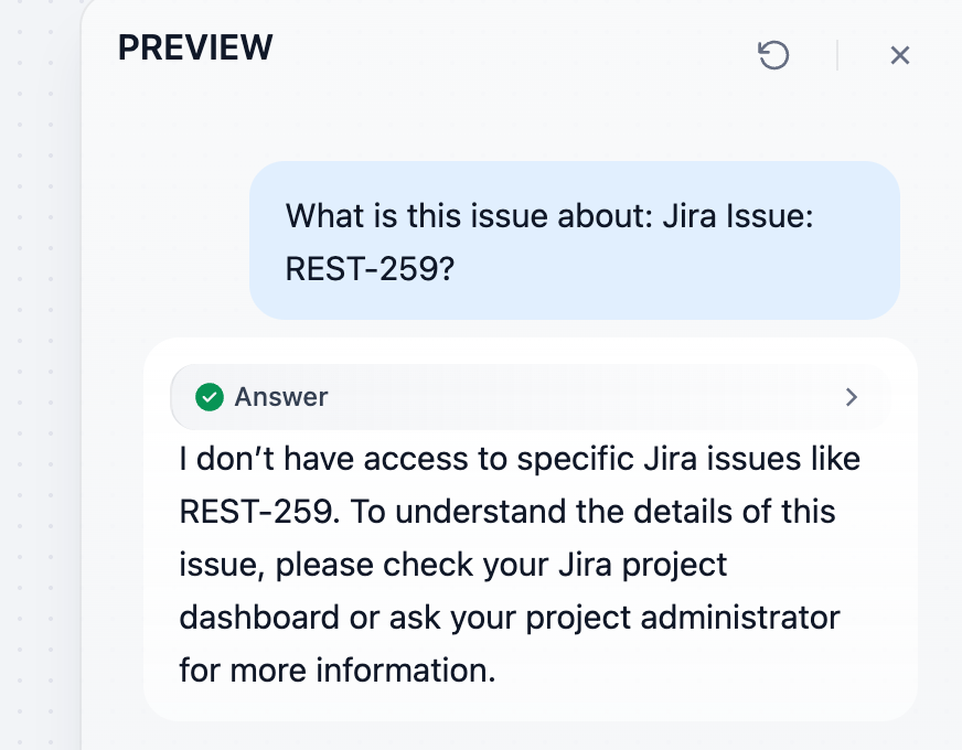 Preview answer saying it has no access to specific Jira issues like REST-259