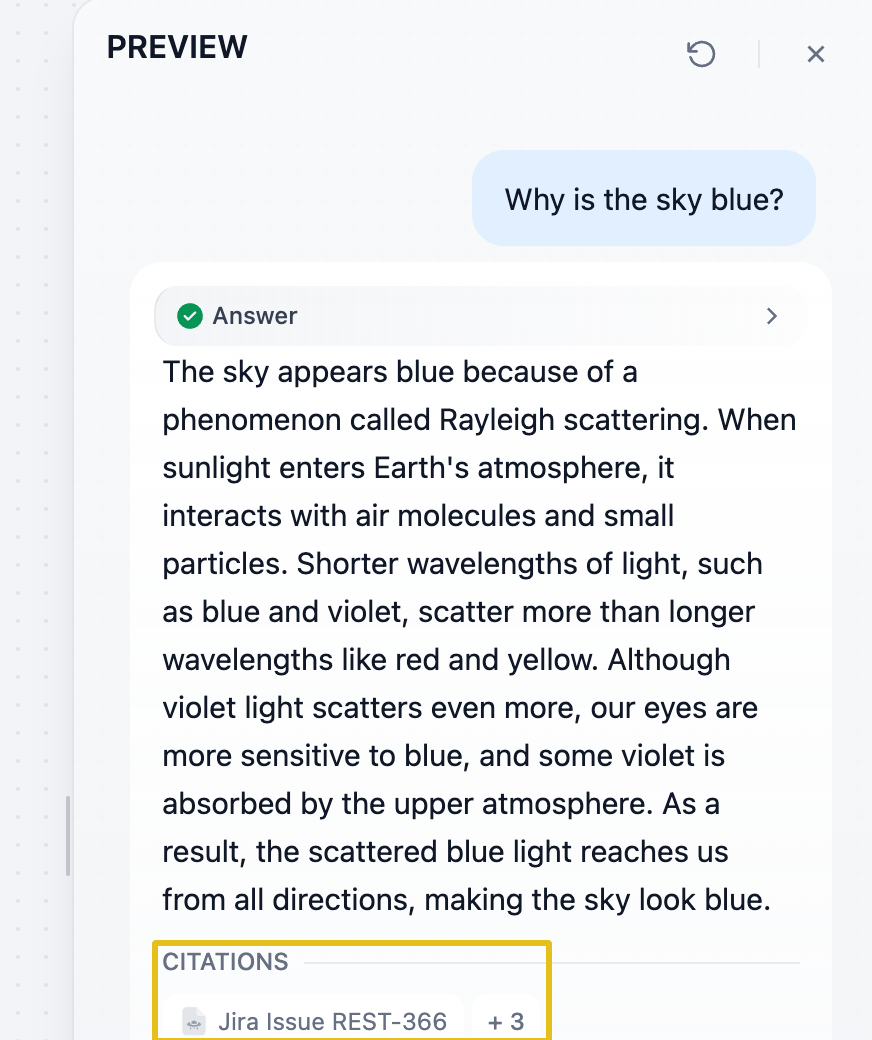 Answer explaining why the sky is blue, with unrelated Jira citations highlighted
