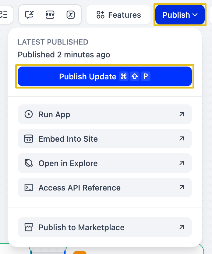Publish menu with the Publish Update button highlighted