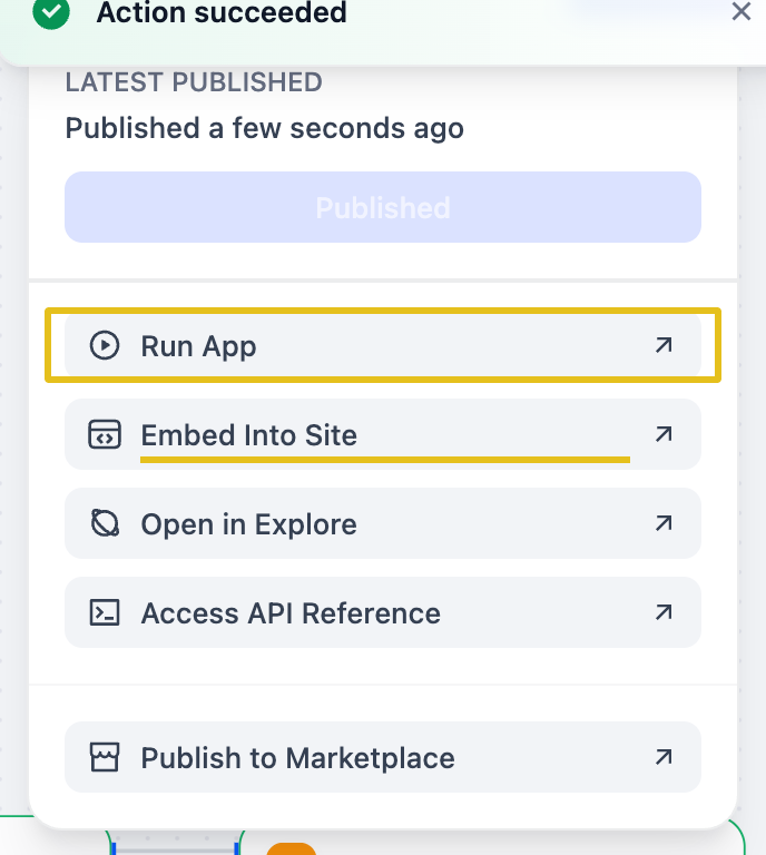 Publish menu after publishing, with Run App highlighted and Embed Into Site underlined