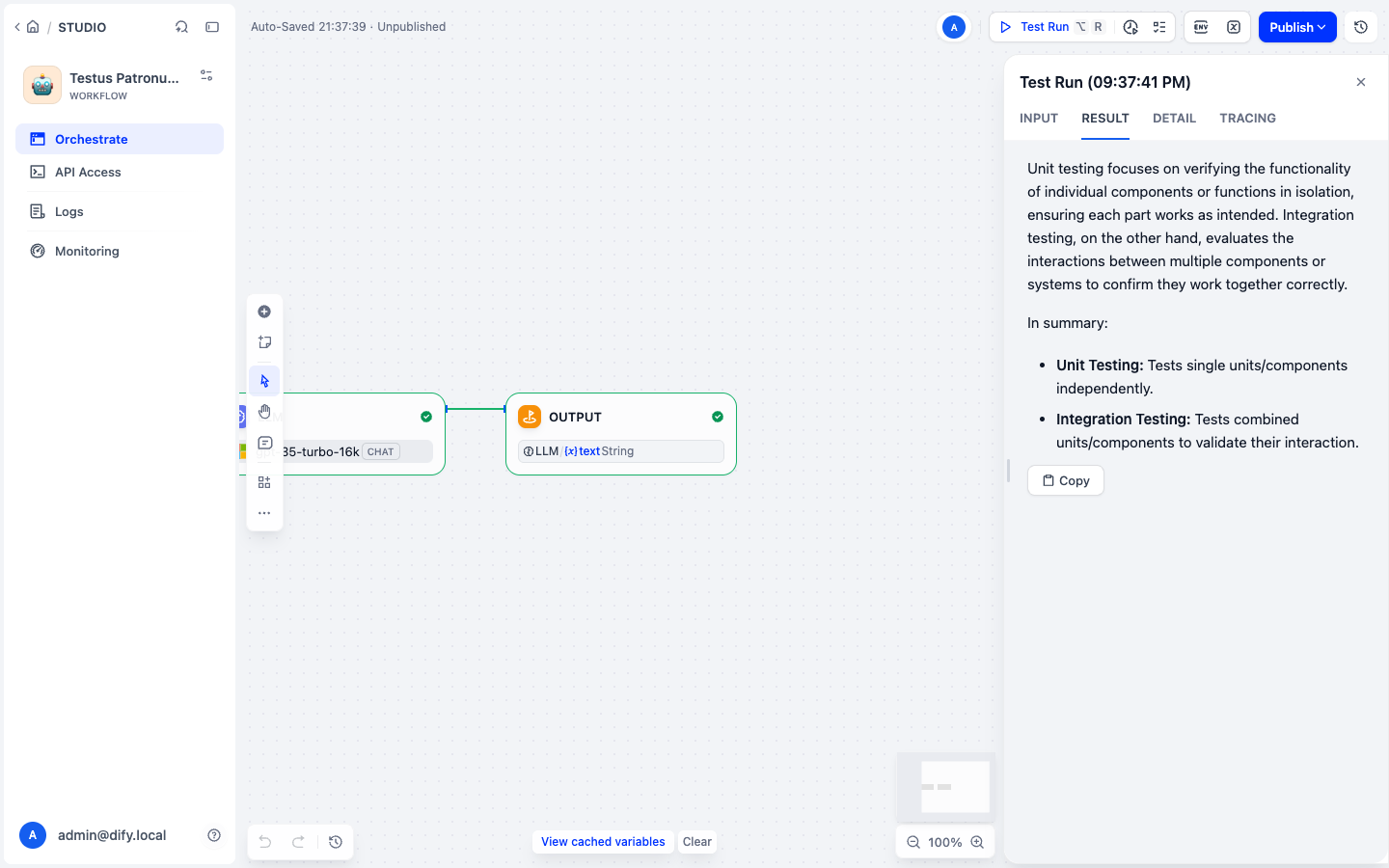 Successful workflow answer comparing unit and integration testing