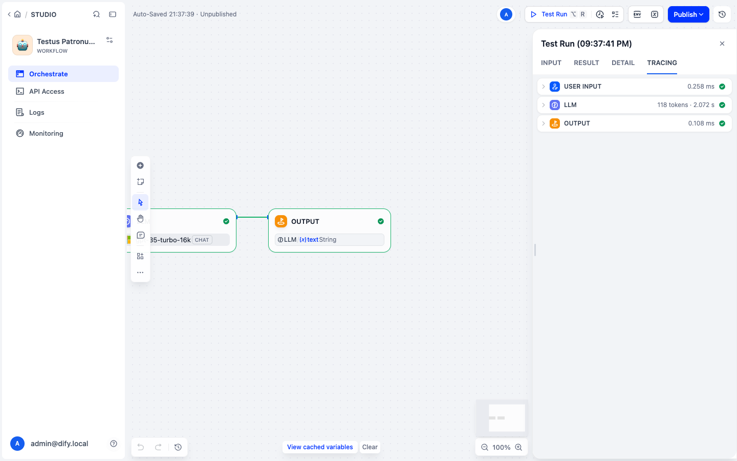 Tracing tab listing User Input, LLM and Output with duration and tokens