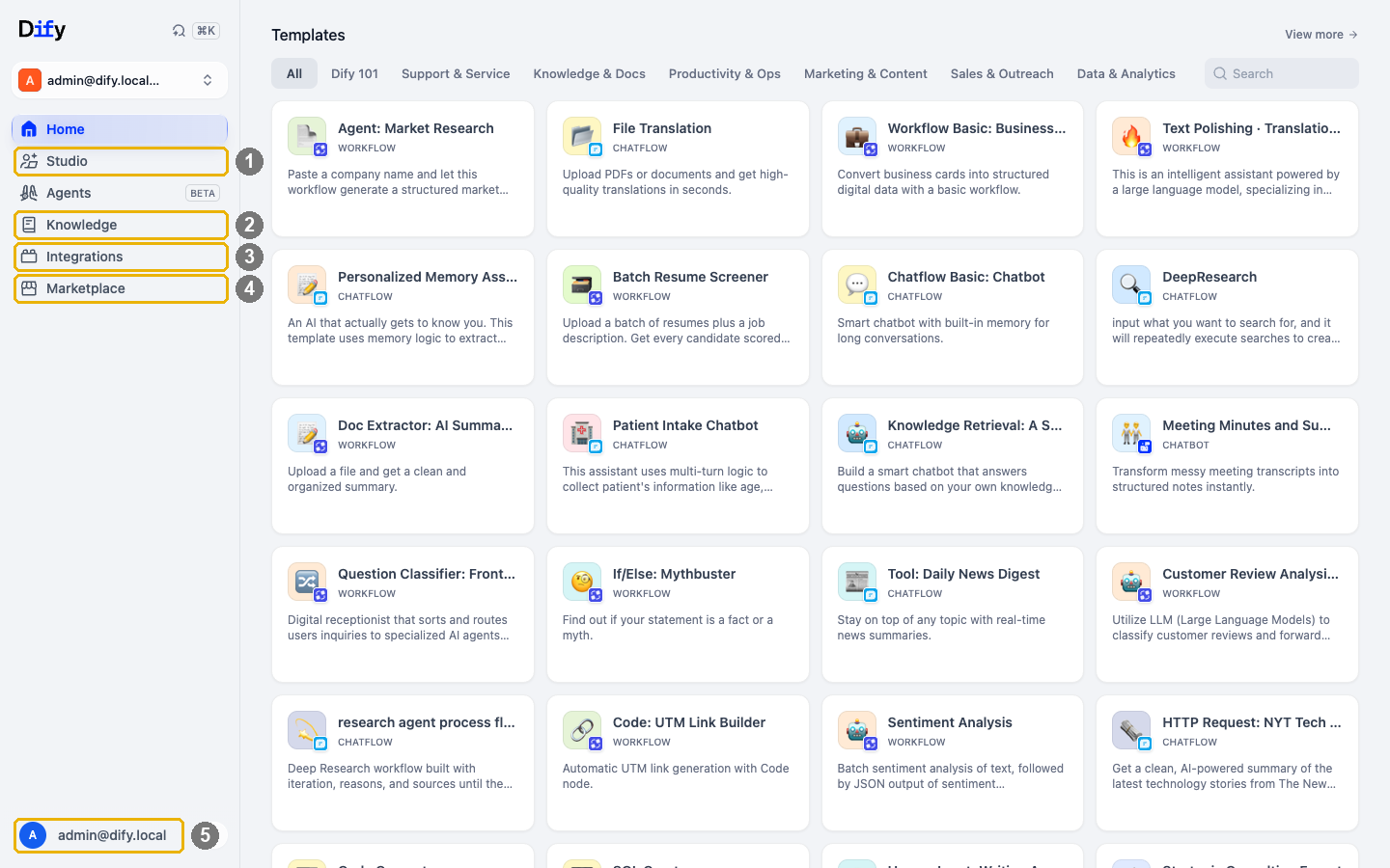 Dify home page with the left sidebar