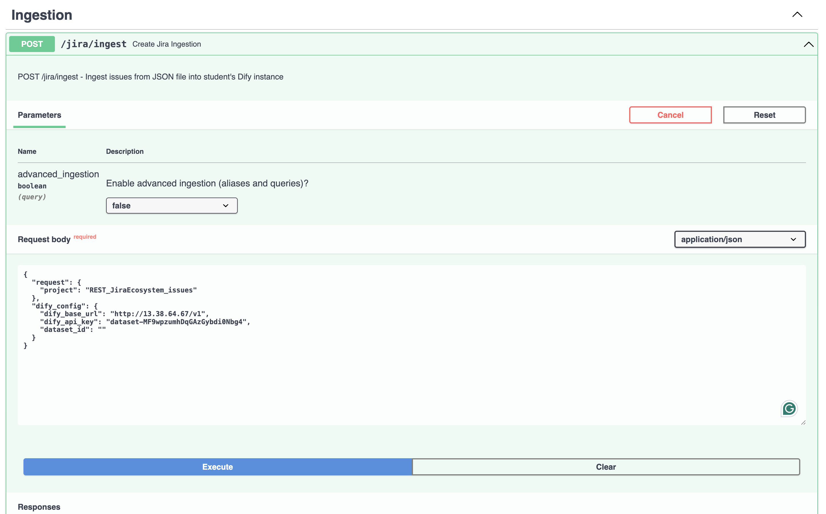 Swagger UI showing ingest endpoint