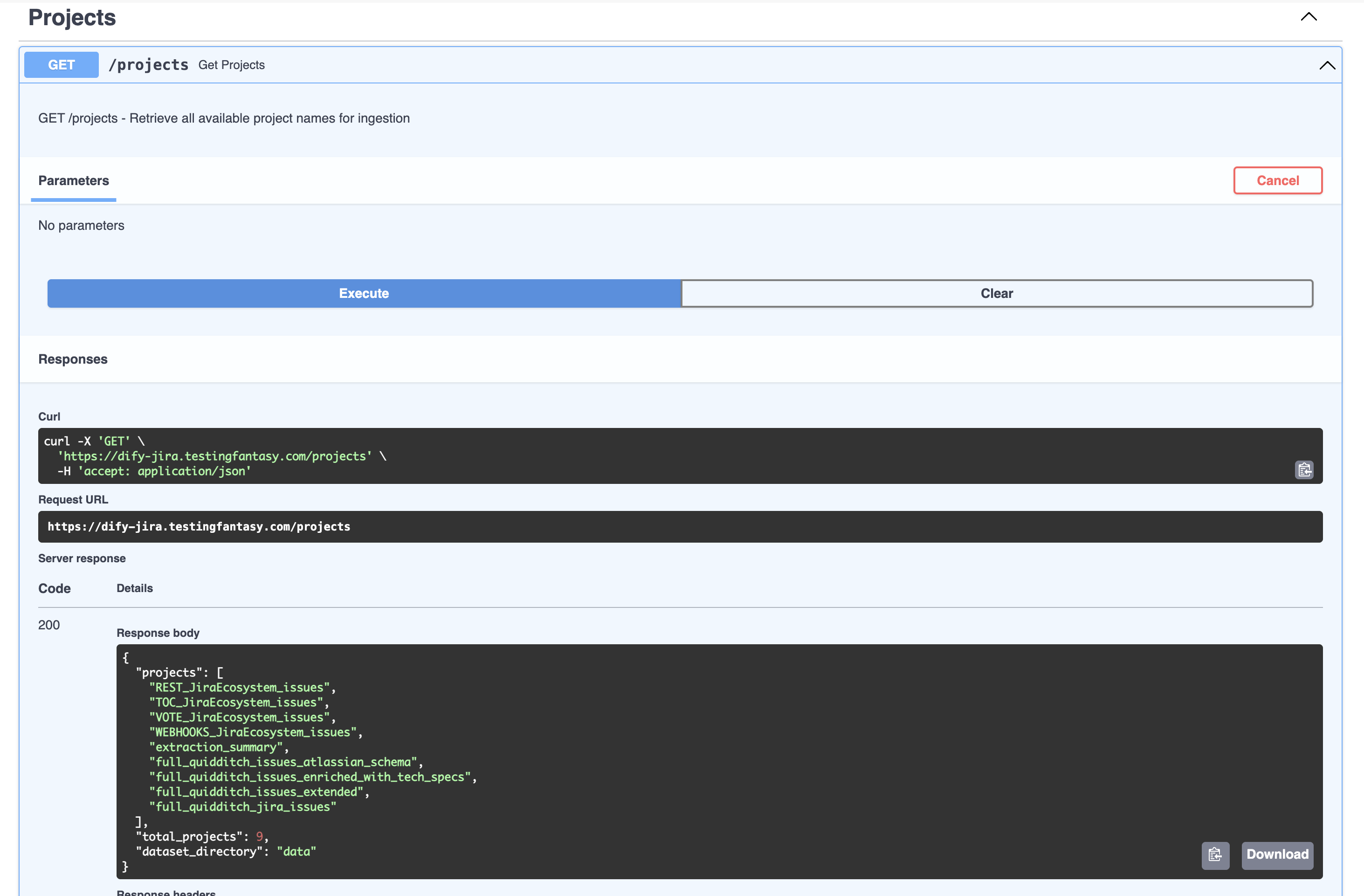 Swagger UI showing available projects
