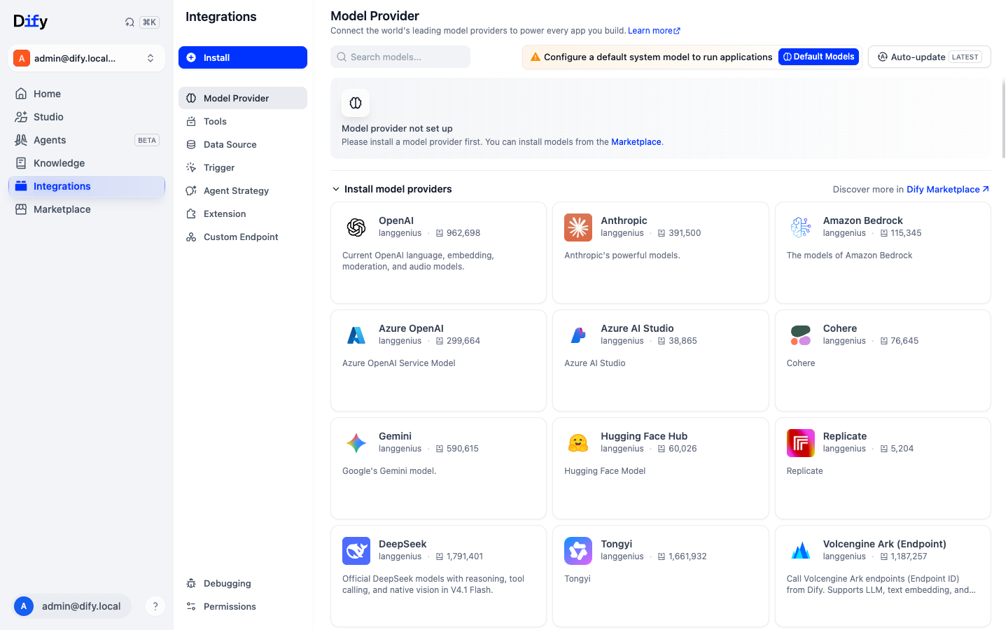 Integrations Model Provider page