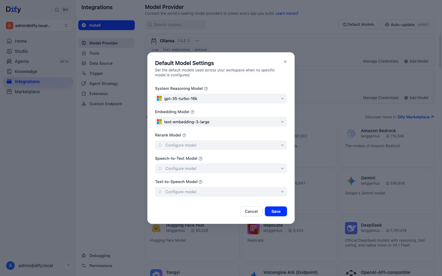Dify 1.16.1 Default Model Settings dialog
