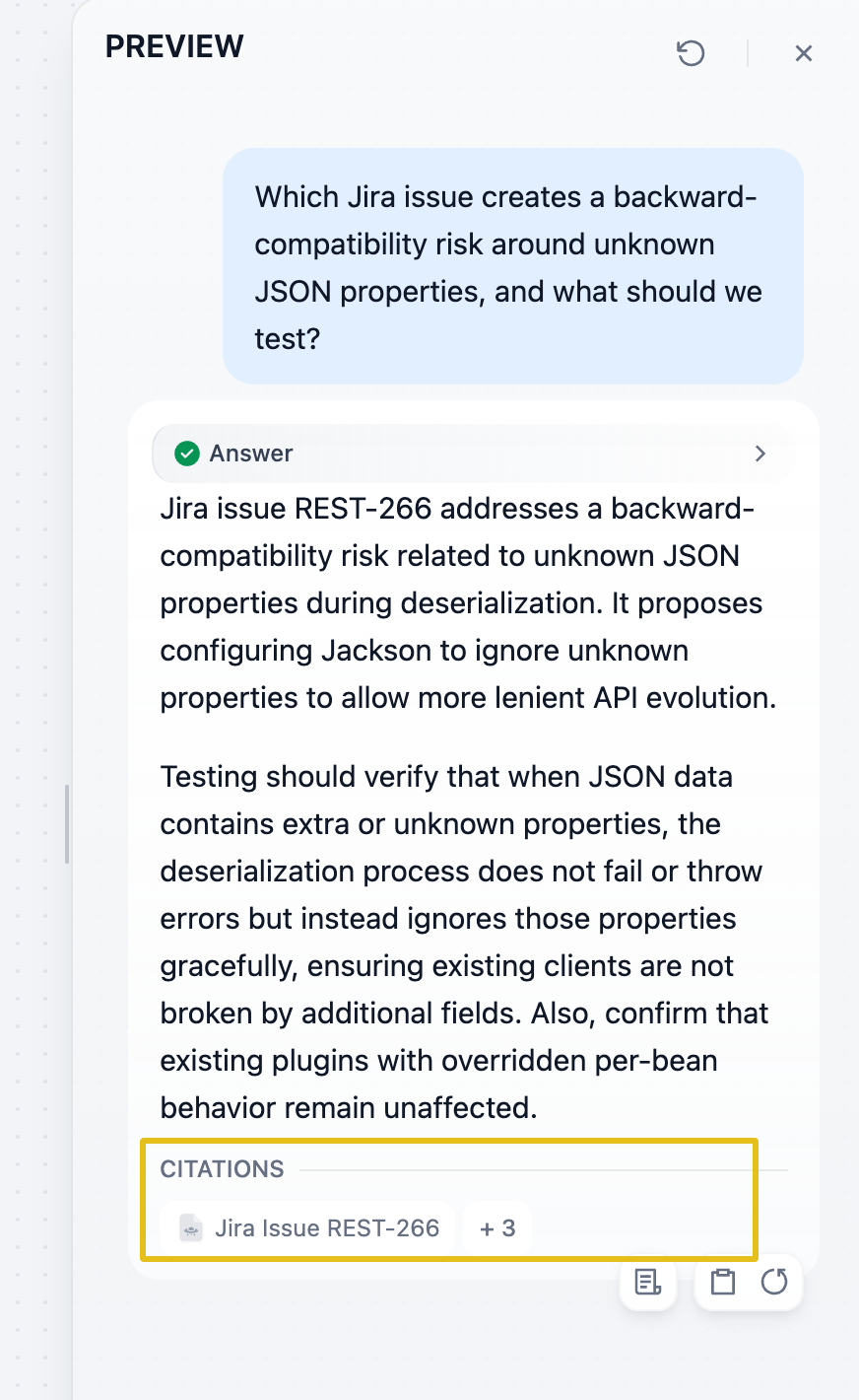Answer naming REST-266 as the backward-compatibility risk, with citations highlighted