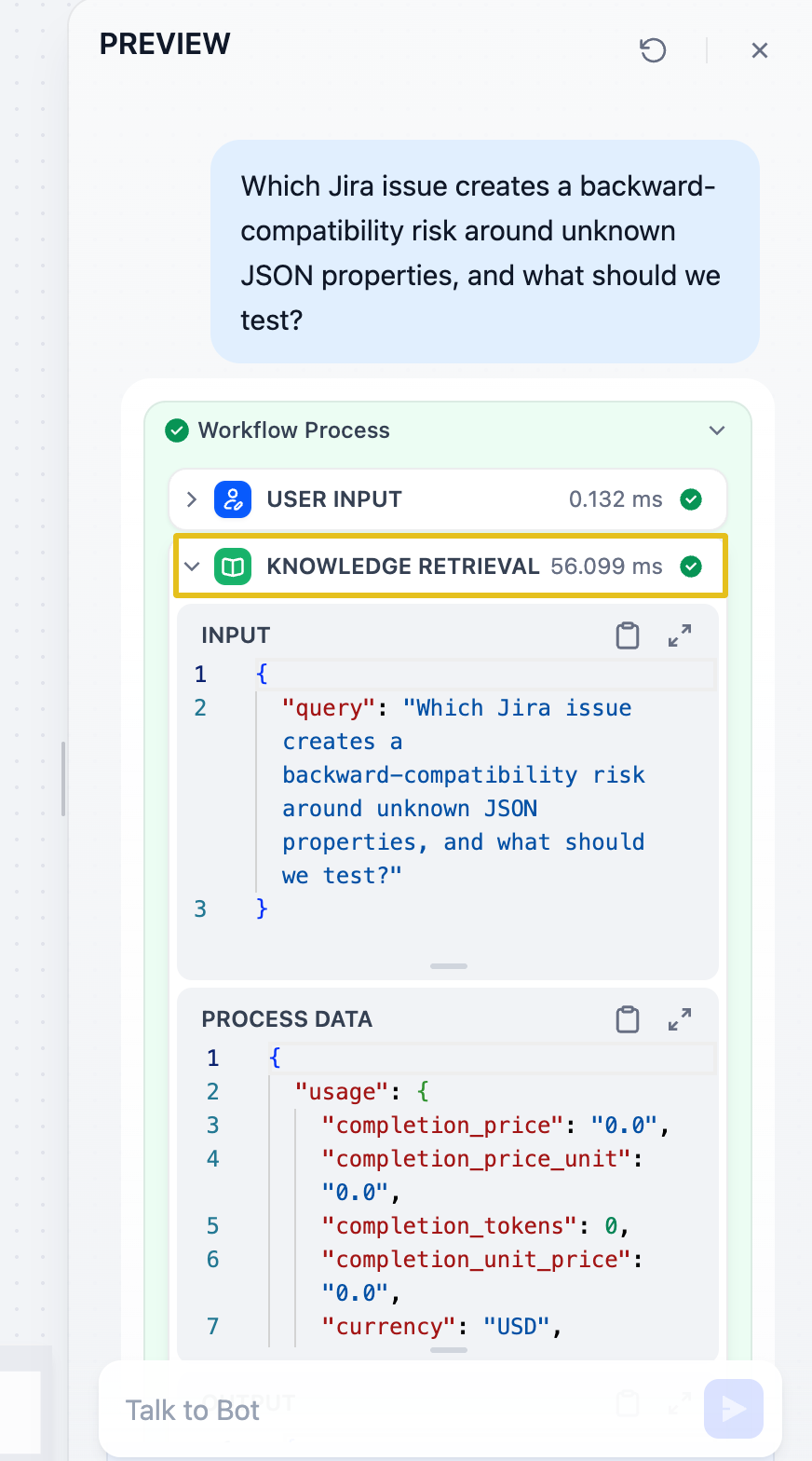 Expanded Knowledge Retrieval step showing its duration and the query input