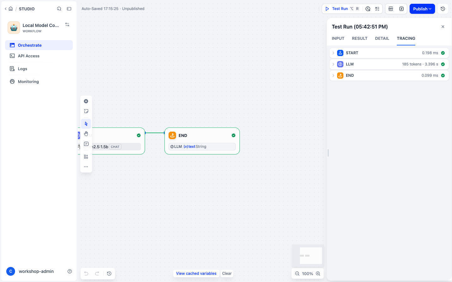 Successful local model workflow trace in Dify