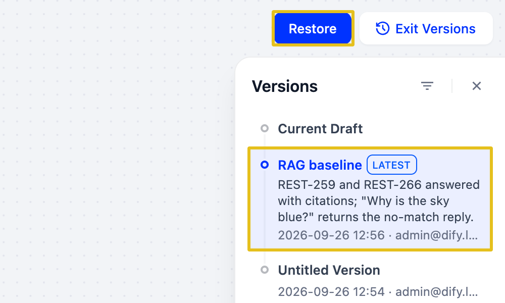 Versions panel with a named version and release notes, and the Restore button highlighted