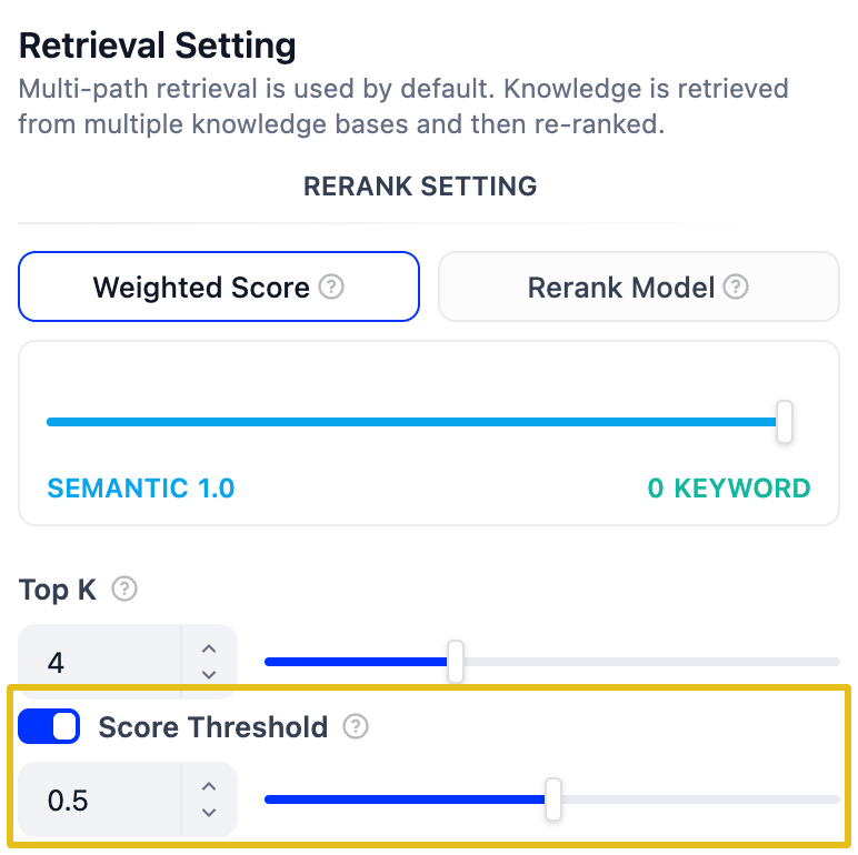 Retrieval Setting dialog with Score Threshold enabled at 0.5